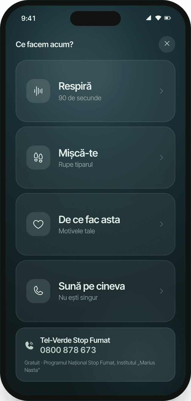Opțiunile din modul panică: respirație, mișcare, motivul tău sau un minut de așteptat